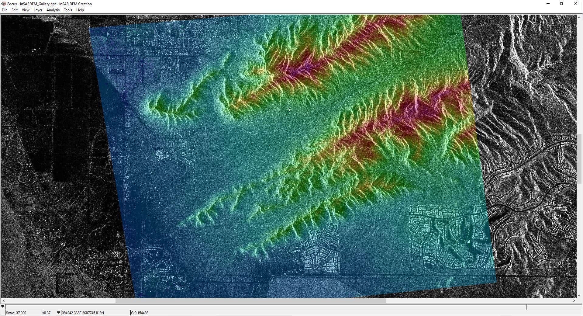 Focus: InSAR DEM πάνω σε εικόνα πλάτους SAR