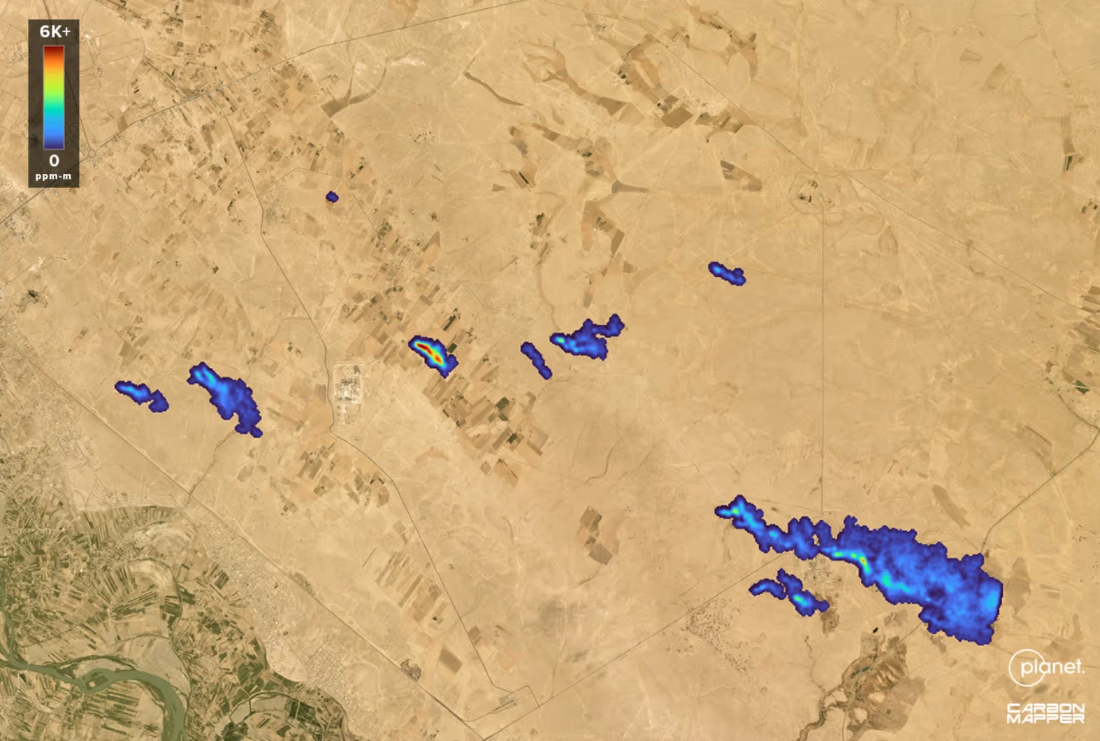 Tanager methane map over arid terrain: several blue-to-red plumes marked against desert, with a scale running from 0 to over 6,000 ppm-m